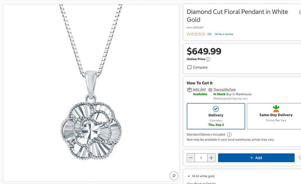 White Gold Diamond Cut Floral Pendant from Costco 14 Karat